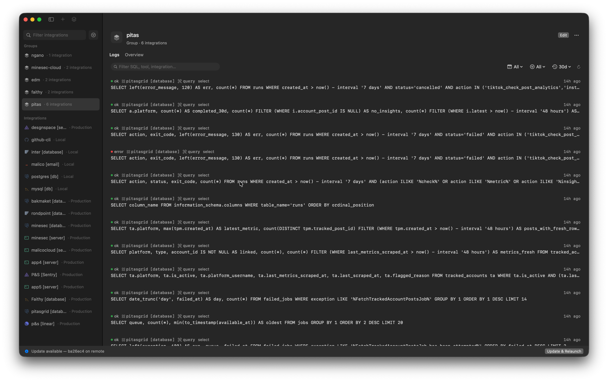 pluk showing grouped integrations for a project and a log of every SQL statement run through them, each marked ok or error.