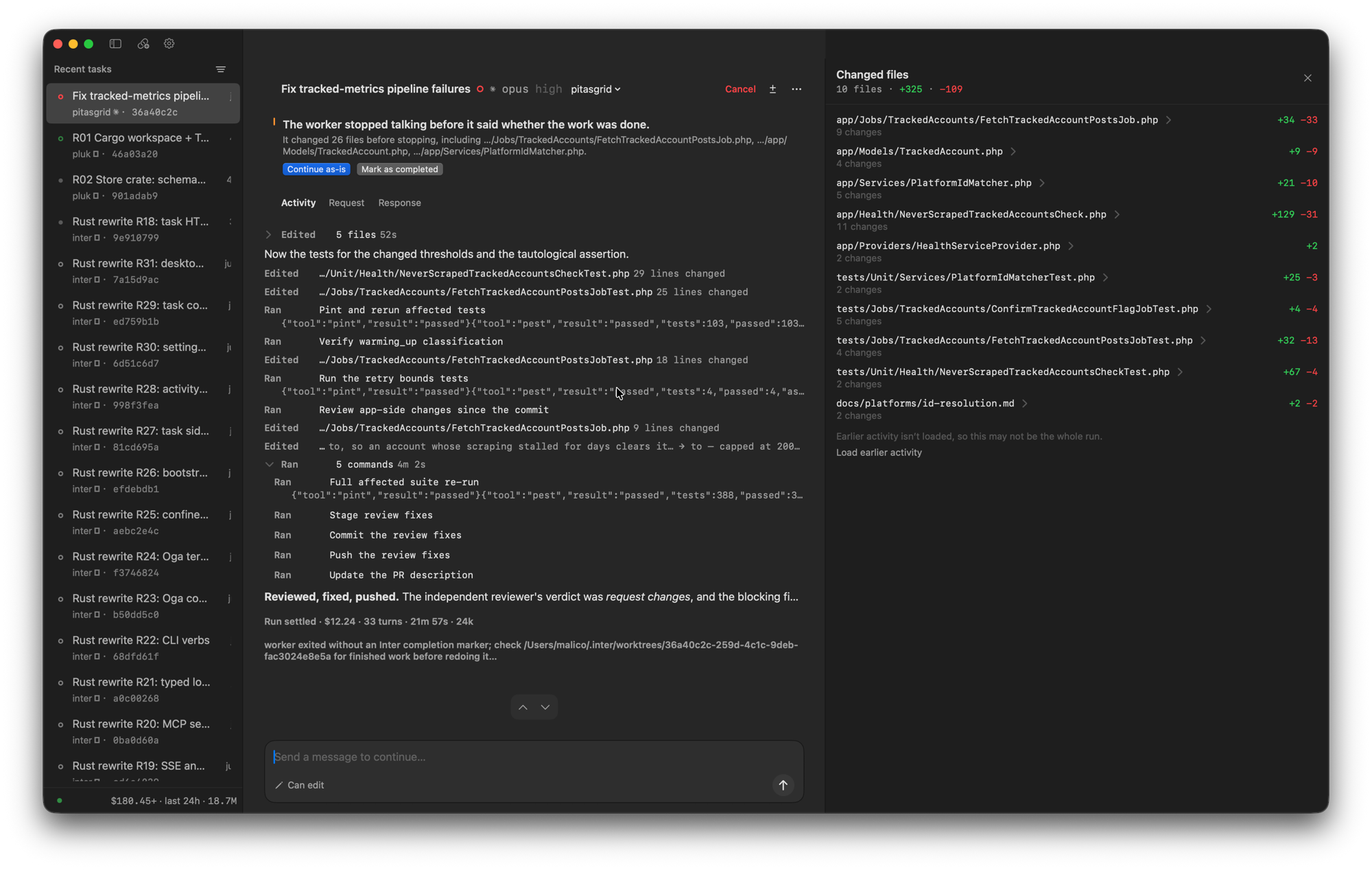 Inter showing a delegated task with its activity log, the tests it ran, and the ten changed files with line counts.